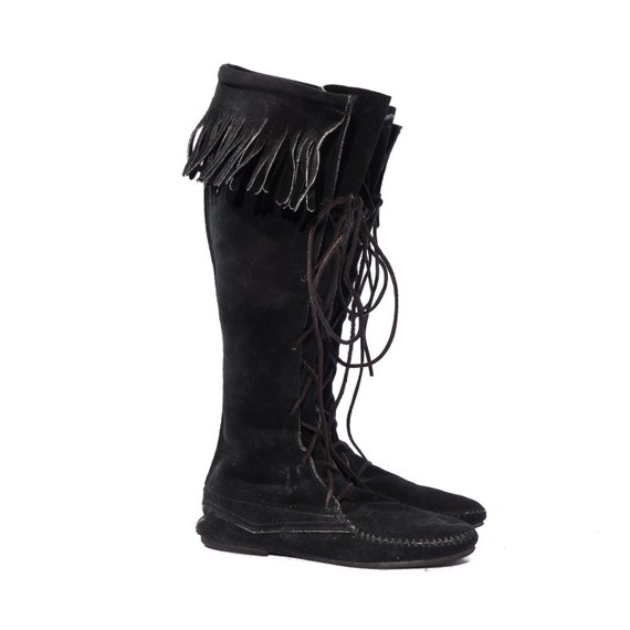 Minnetonka Moccasin Boots Lace up Knee High Fringe Cuffs Black