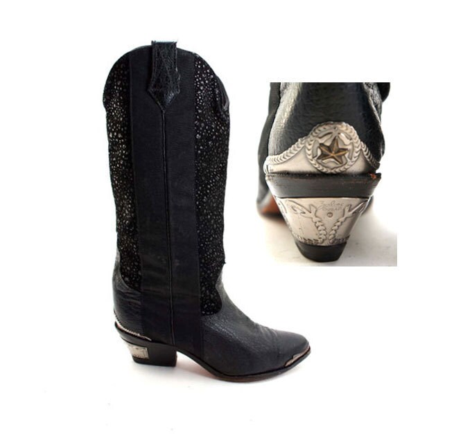Black Fashion Cowboy Boots with Fancy Toe and Heel Rands by