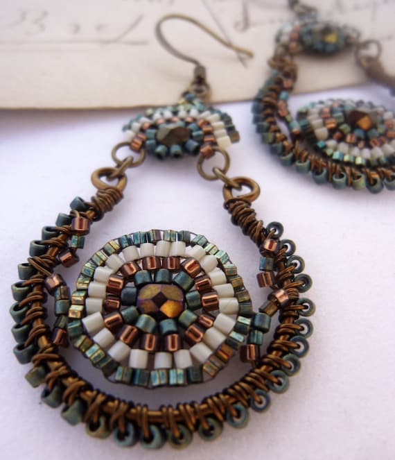 Items similar to Peacock Bead Woven Earrings - Wire Wrapped Earrings ...
