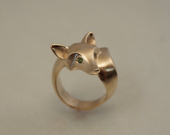 bronze fox ring with diamond eyes, bright satin finish , pick your color
