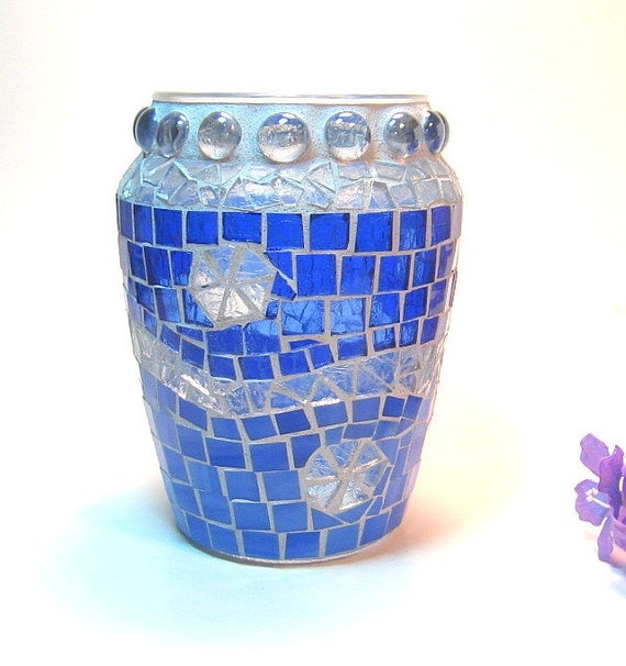 Stained Glass Mosaic Vase Blue By Threesisterscandles On Etsy