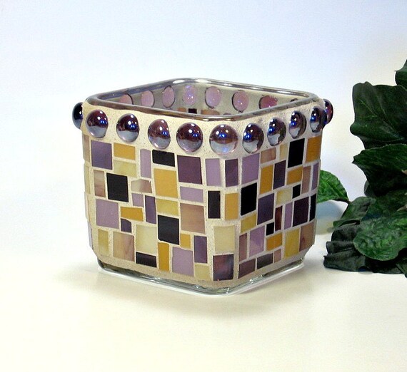 Stained glass mosaic votive candle holder plum purple amber