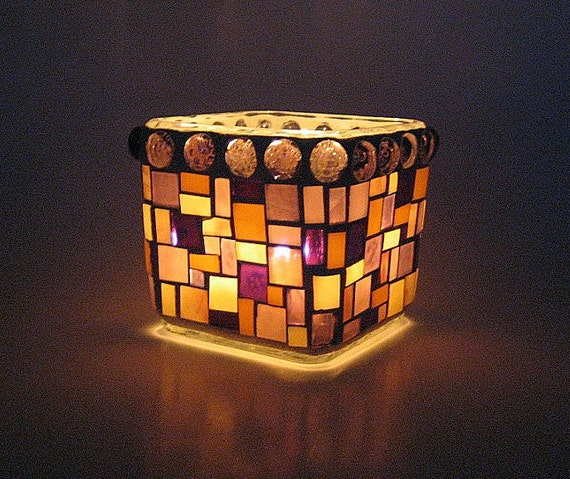 Stained Glass Mosaic Votive Candle Holder Plum Purple Amber 7873