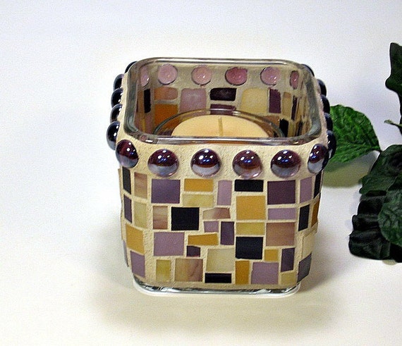 Stained Glass Mosaic Votive Candle Holder Plum Purple Amber 4234