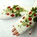 White fingerless gloves with felted strawberries