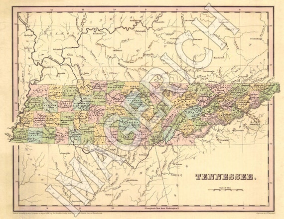 Vintage State Map Tennessee 1838