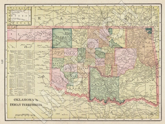 Vintage State Map Oklahoma 1895