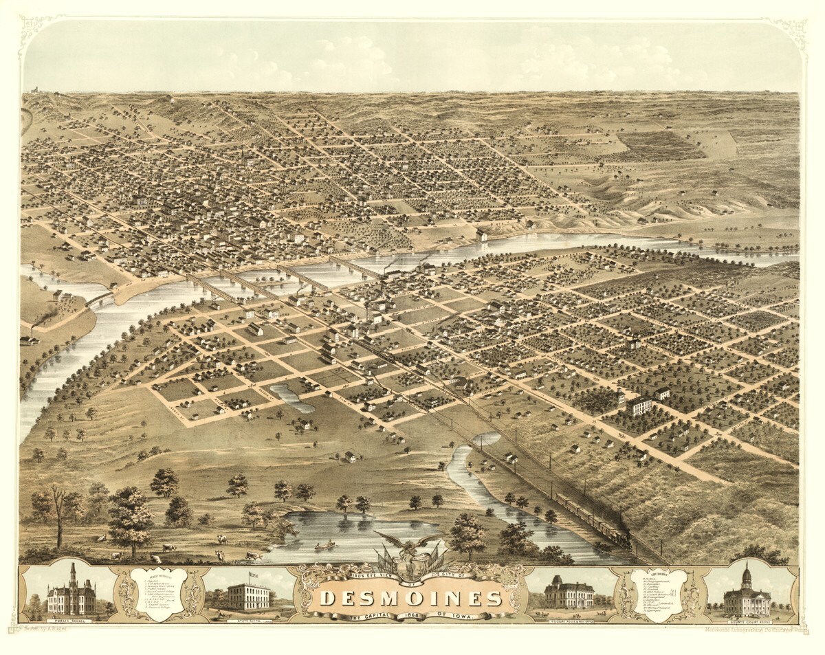 Vintage Map Des Moines Iowa 1868