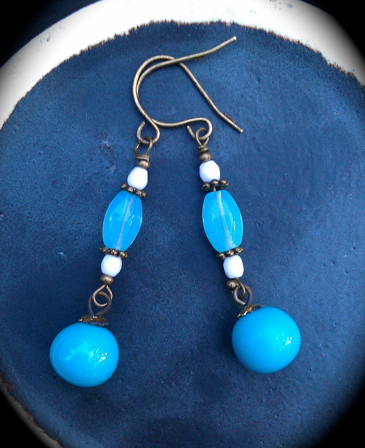 Sky Blue Earrings handmade feminine long blue and white glass