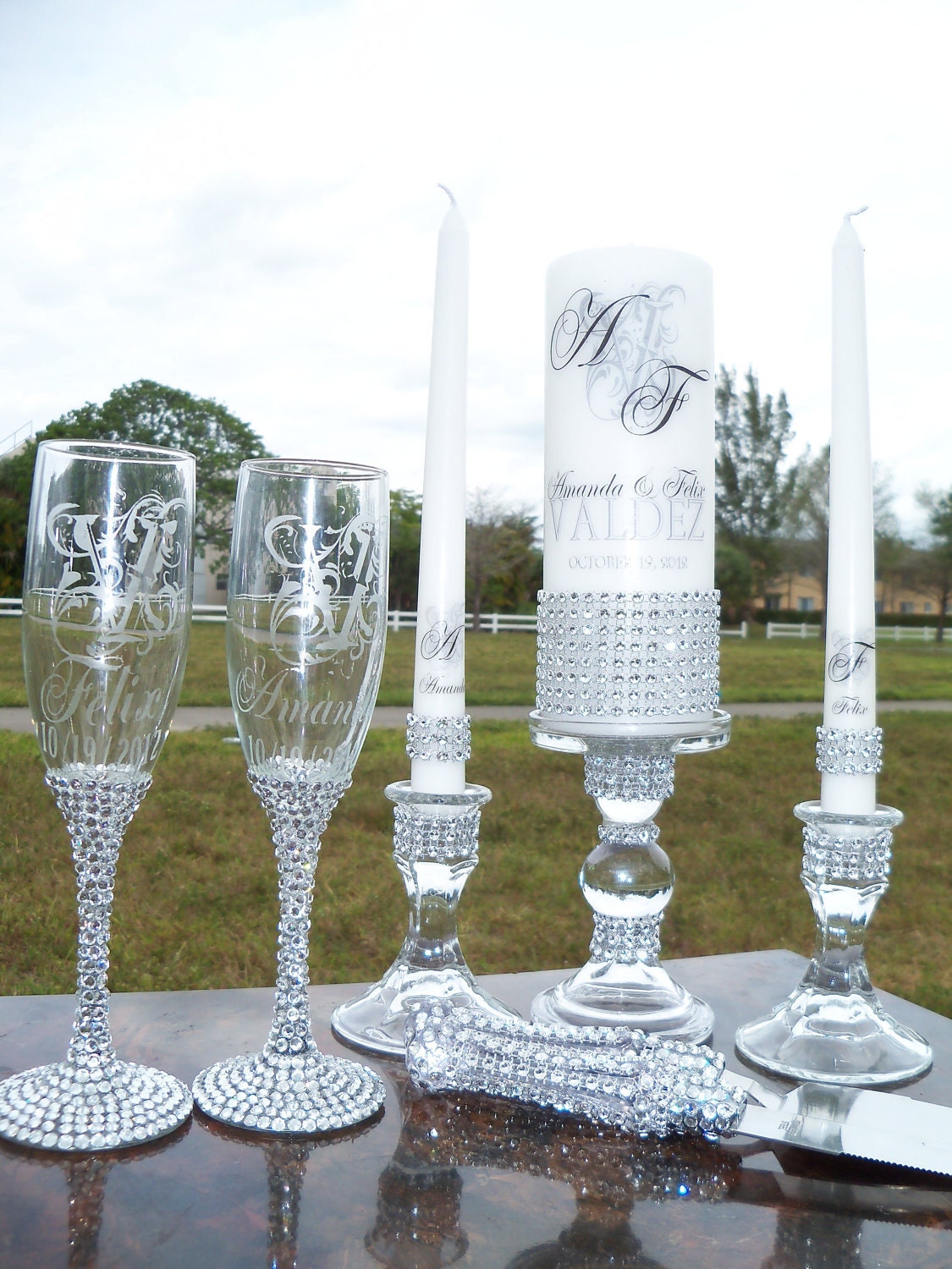 Lots of Bling Unity Candle Holders Flutes Cake Server