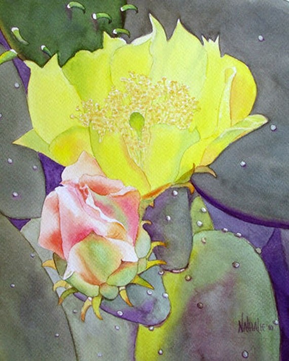 Prickly Pear Cactus Flowers Watercolor Fine Art Print 8x10
