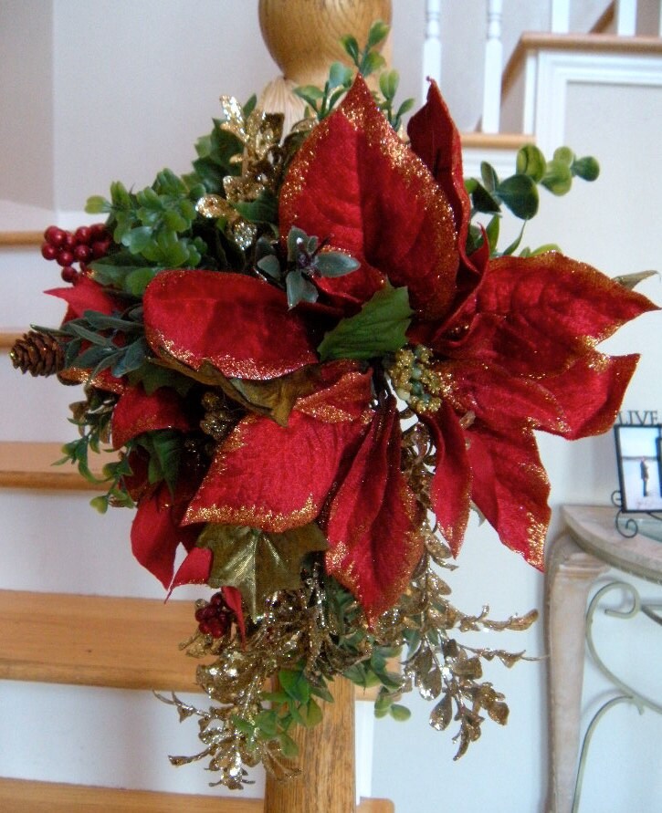 Handmade Holiday Decor Wreaths, Unique Red Poinsettia Holiday Decor, Table Top Decor