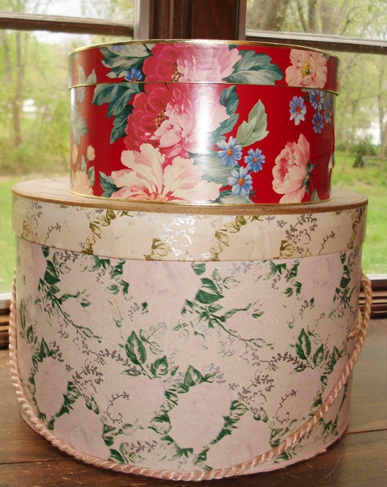 Vintage Cardboard Floral Hat Boxes Set of 2 Different Sizes