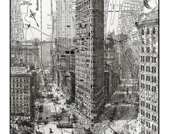 New York City Map 1944 New York City Street Map and Flat Iron Building Collage Vintage Print Poster
