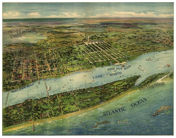 1874 Panoramic Birds Eye View Map of Palm Beach Florida Print Poster