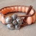 Leather wrap bracelet - Peach Paradise - semi precious Aventurine stone, peach, orange, plumeria flower, tropical bohemian surfer chic