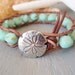 Beachy leather bracelet, "SandDollar", seafoam mint green, sand dollar shell, aqua sky blue, beach surfer, summer