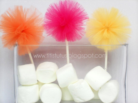 2dz Tulle Pom Cupcake Toppers in Orange, Fuchsia, and Yellow(white sticks) Il_570xn
