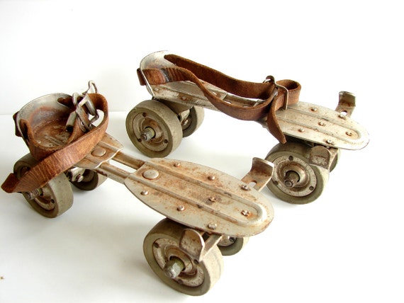 Vintage Adjustable Metal Roller Skates with Leather Straps