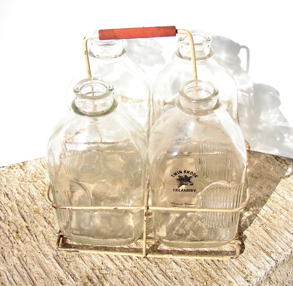 Vintage Metal Milk Bottle Carrier with Four Large Glass Milk