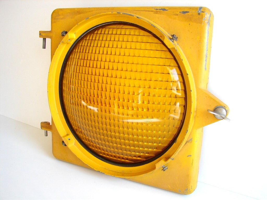 Vintage Yellow Traffic Light Cover and Lens in Original Metal