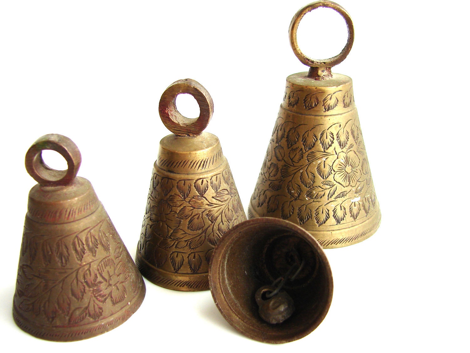 Vintage Brass Bells Set of 4 with Decorative Flower and Leaf