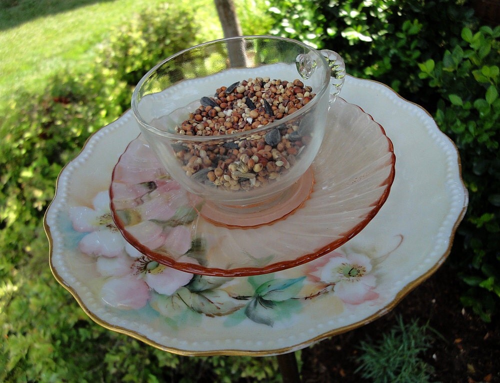 Beautiful OOAK Bird Feeder made with Vintage Plates and Cup