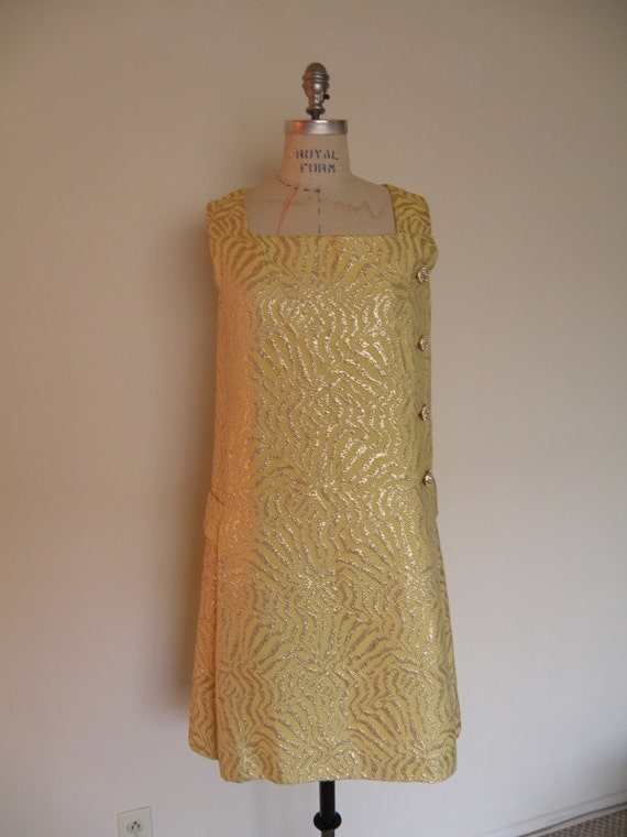 Vintage Sleevless Yellow Brocade Cocktail Dress 1950's M