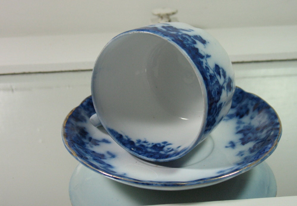 Flow Blue China Cup and Saucer Vintage 1880s Vermont