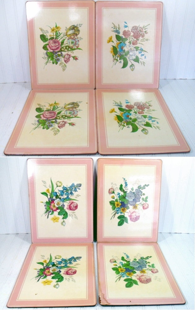 Laminated Cork Board Floral Placemats Vintage Gelb Sketches