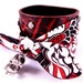 Reserved for Mirliflor Women's Fire Skull White Cotton Bow Ember Red Leather Cuff Bracelet with Clear Rhinestone