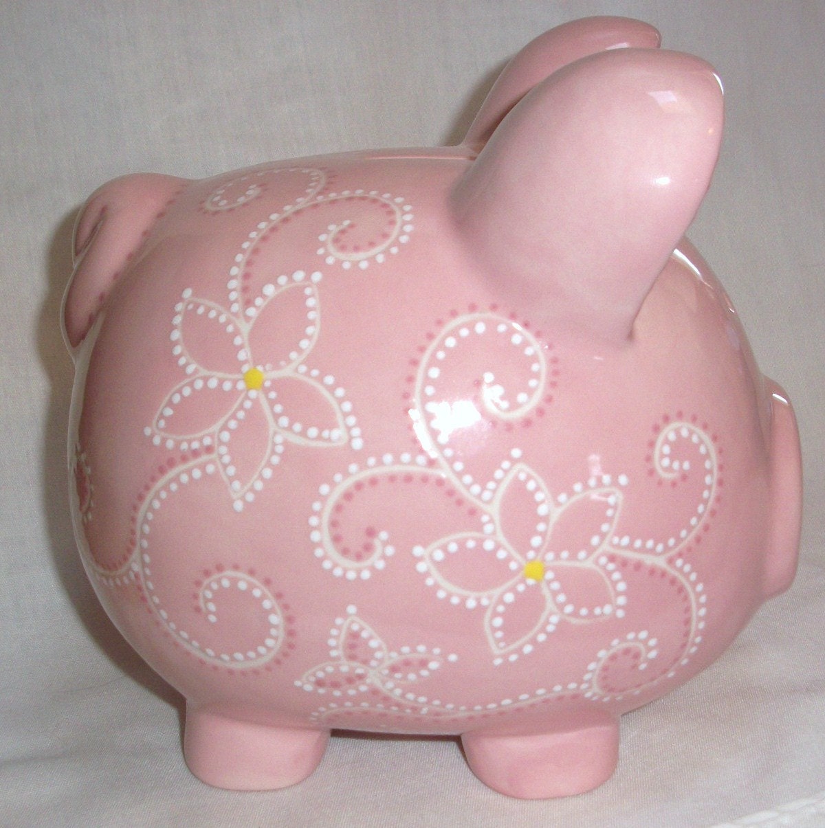 Hand painted Ceramic Piggy Bank Personalized Pink Flowers