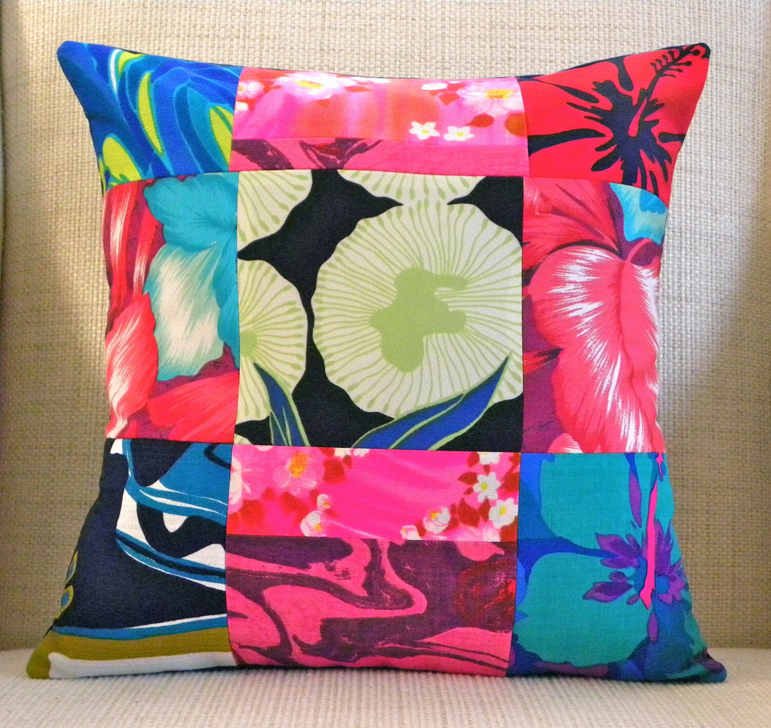 16 x 16 Pillow Cover Vintage Hawaiian Patchwork Blue