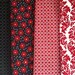 Fat Quarter Fabric Bundle, colors include black, white, red, grey damask, floral and geometric patterns