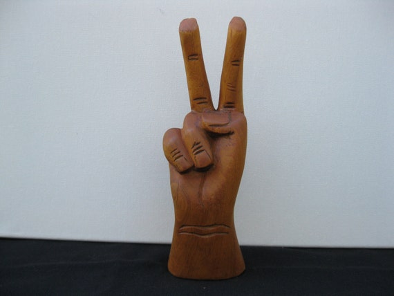 Vintage Hand Carved Wood Peace Sign Hand Sculpture