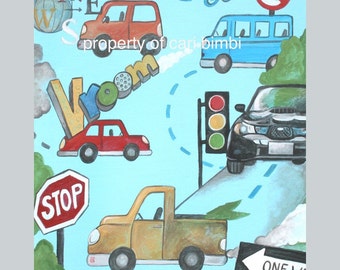 Vroom - Kids Vehicle, Cars Collage - Giclee Art Print