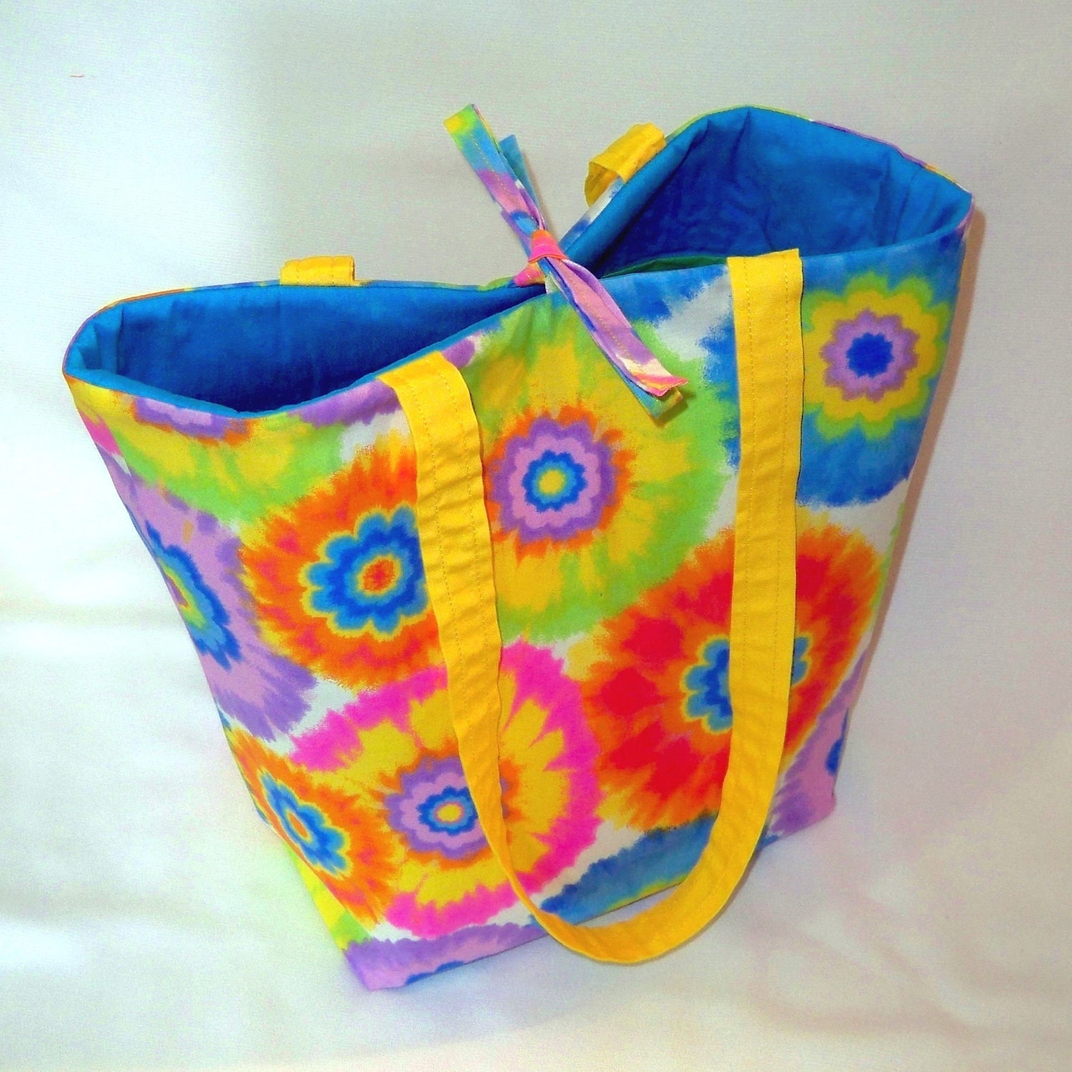 Tie Dye Tote Bag Fabric Purse Neon Rainbow Flowers Fabric