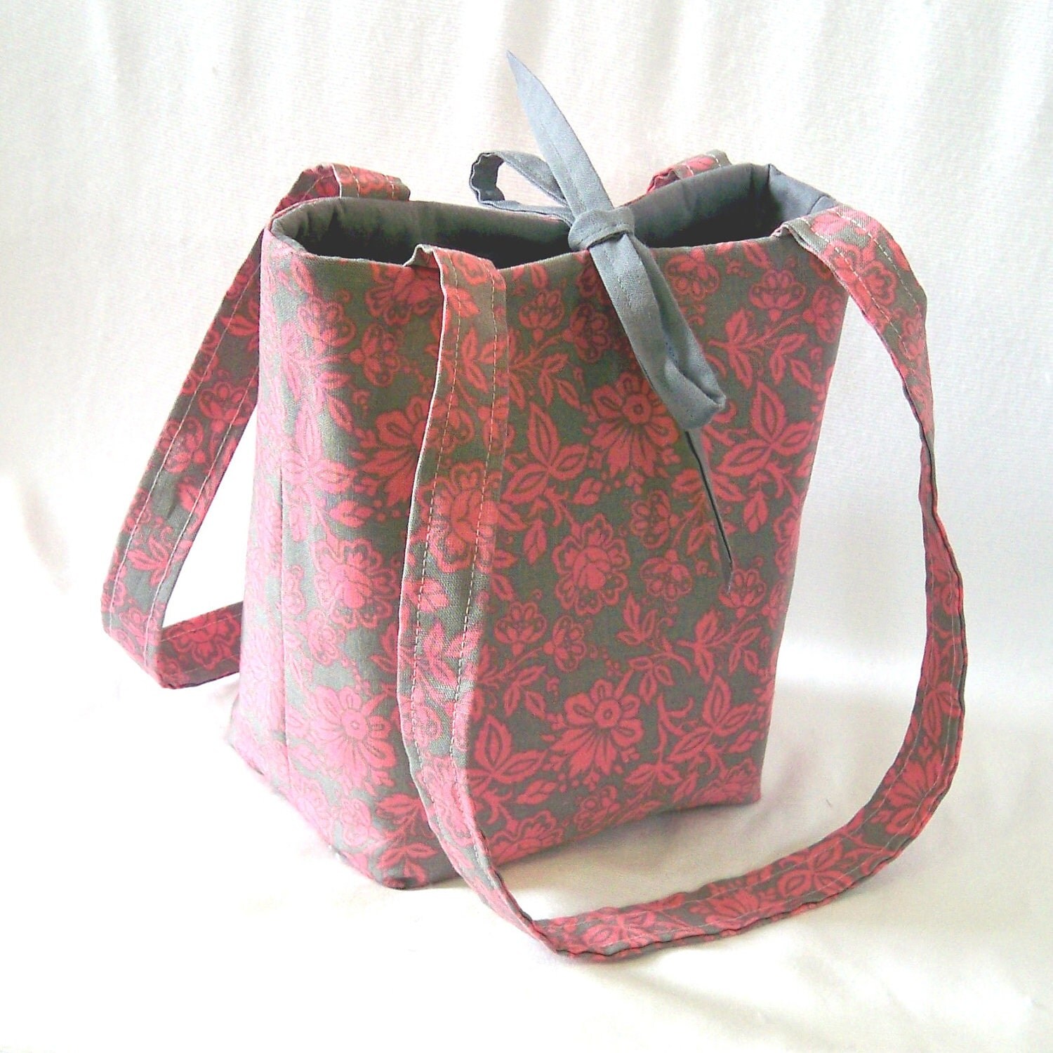 Gray Pink Floral Tote Bag Purse Fabric Bag Teen Purse Shoulder