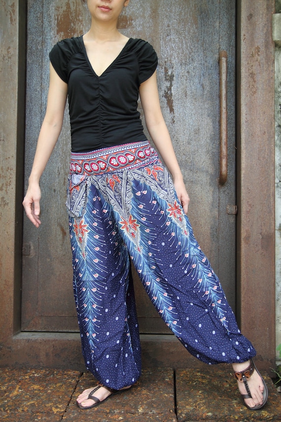 Items similar to Peacock tail striped printed Rayon Yoga pants ,Wide ...