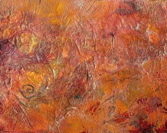 Gilded Orange, original abstract wall art, acrylic painting, heavily textured with layering and gilding. Small, affordable artwork on paper.