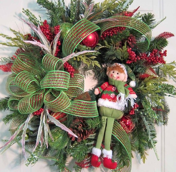 XL Elf Christmas Door Wreath Outdoor Holiday by LadybugWreaths