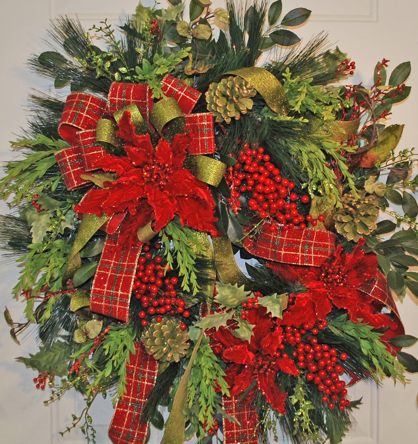 XL Christmas Door Wreath Red &amp; Green Poinsettias Red Berries