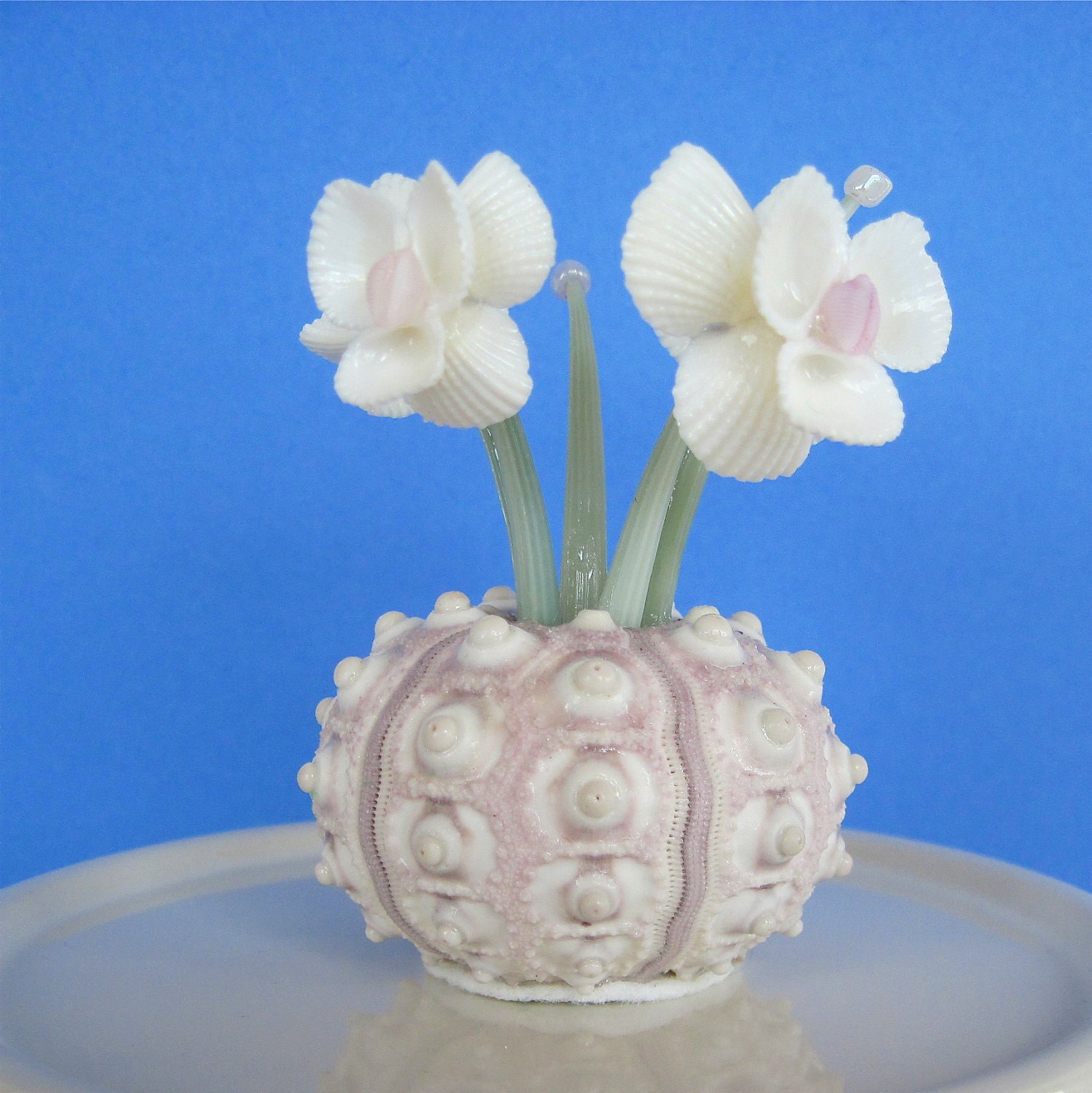 Seashell Pansy Flower Posy in Purple Sputnik Sea Urchin