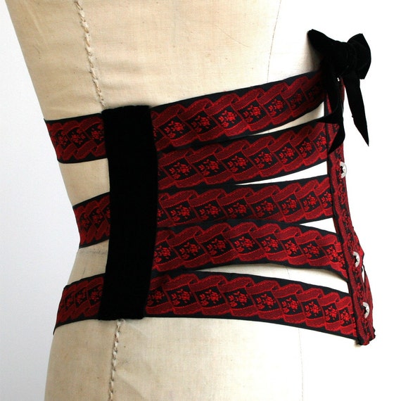 Belt Cincher Corset Ribbon / Red Black Silver Brocade / Medium