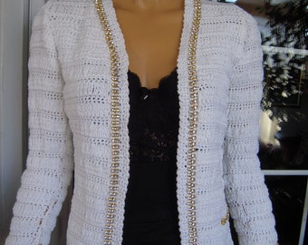 SALE jacket wedding cardigan in white cotton handmade knitted with strass ready to ship for her size S by golden yarn