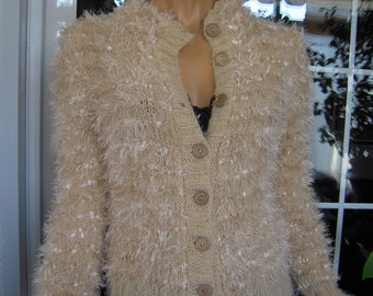 jacket handmade knitted fluffy cardigan/sweater in soft beige ready to ship for her size M/L by golden yarn