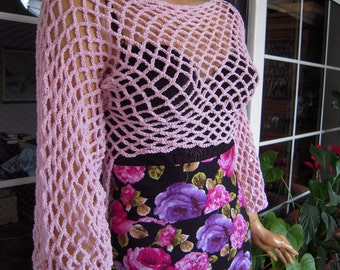 top sweater handmade crochet fishnet longsleeve top/ in pink cotton ready to ship size M''Barbie'' by golden yarn
