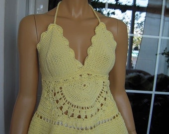 top handmade crochet summer top/corsage/mini dress in pale yellow cotton size M or L ready to ship gift idea for her OOAK by golden yarn