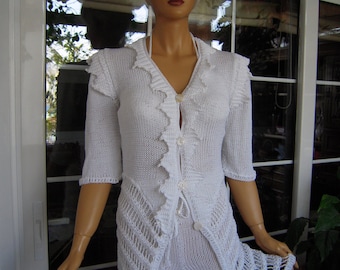 jacket and shorts handmade knitted outfit cardigan and shorts in white cotton OOAK ready to ship gift idea for her by golden yarn