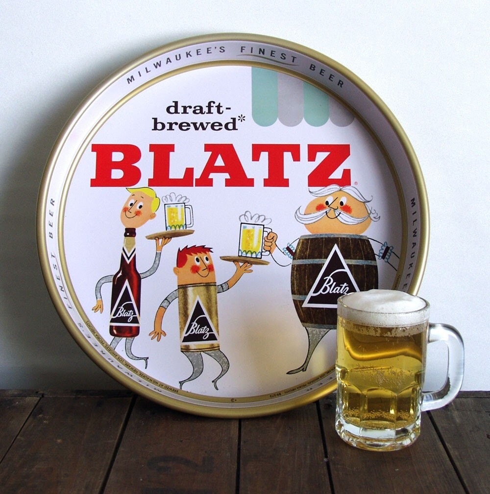 1959 Blatz Beer Tray Bottle Can and Keg Men